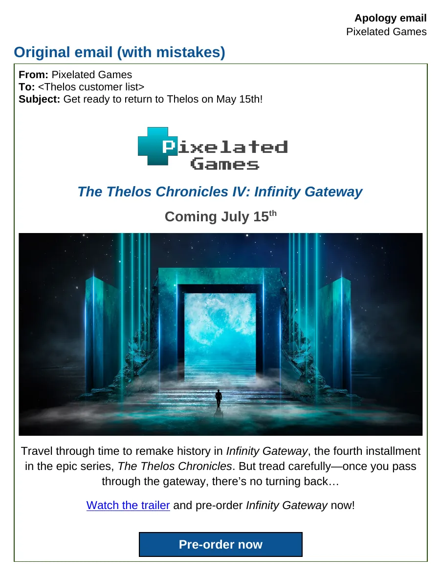 Apology email after a launch mistake, Original email, with the mistakes