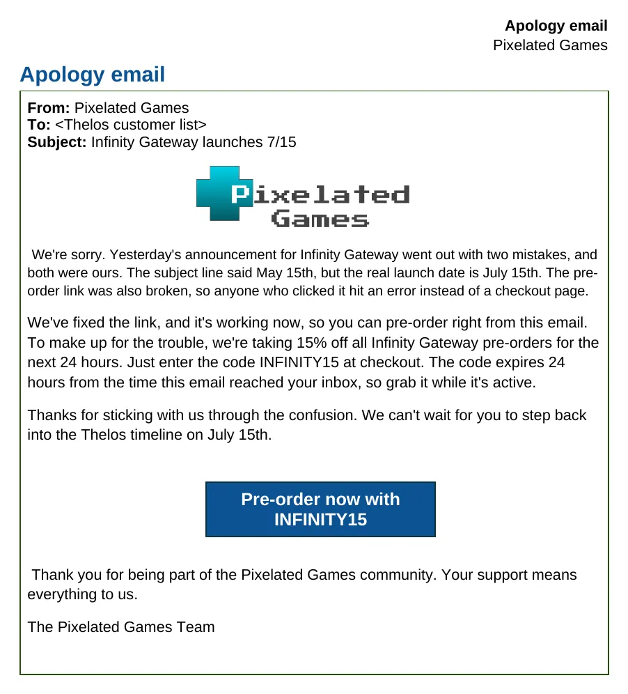 Apology email after a launch mistake, Apology email