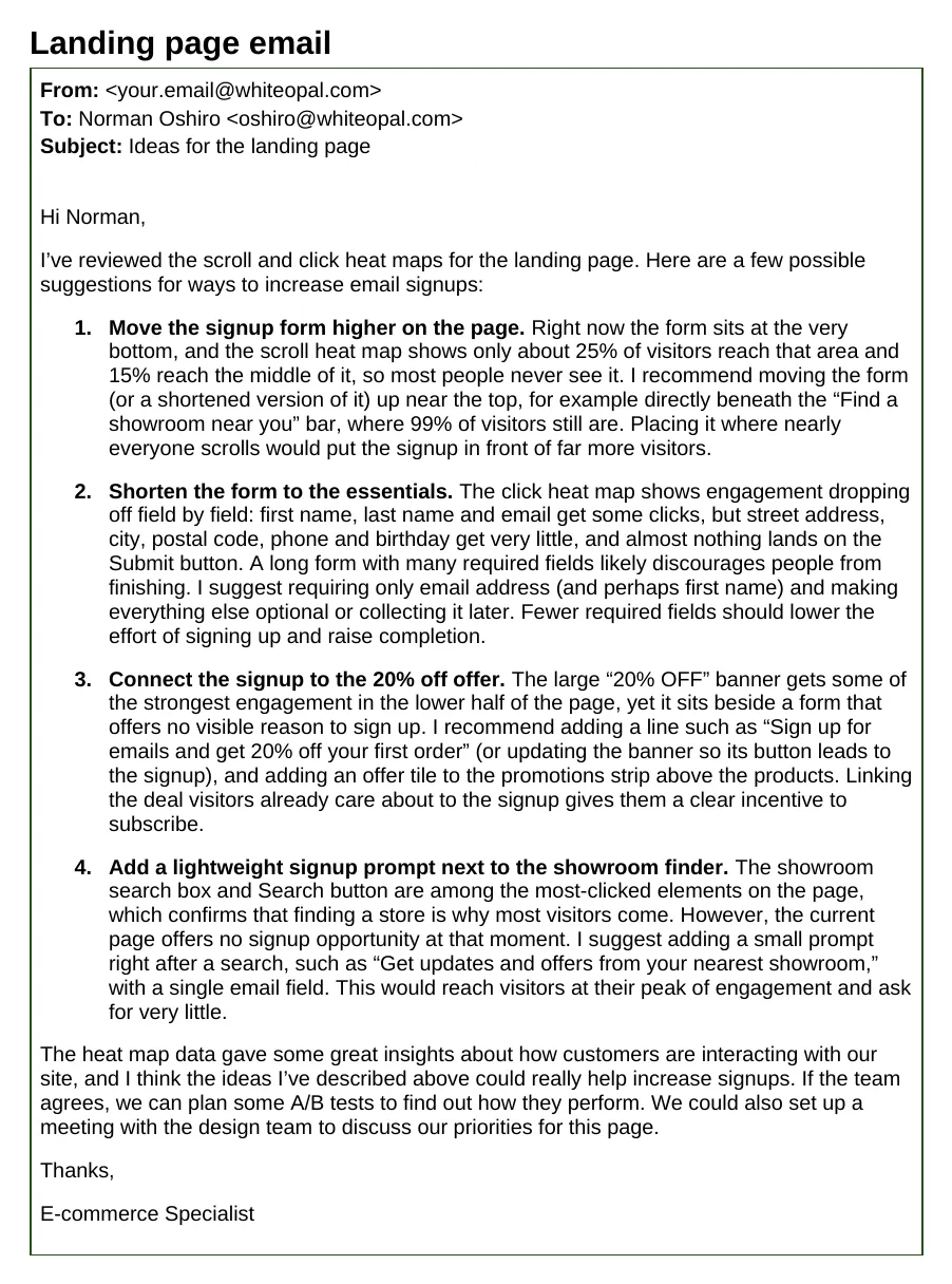 Landing page heat-map recommendations, as submitted