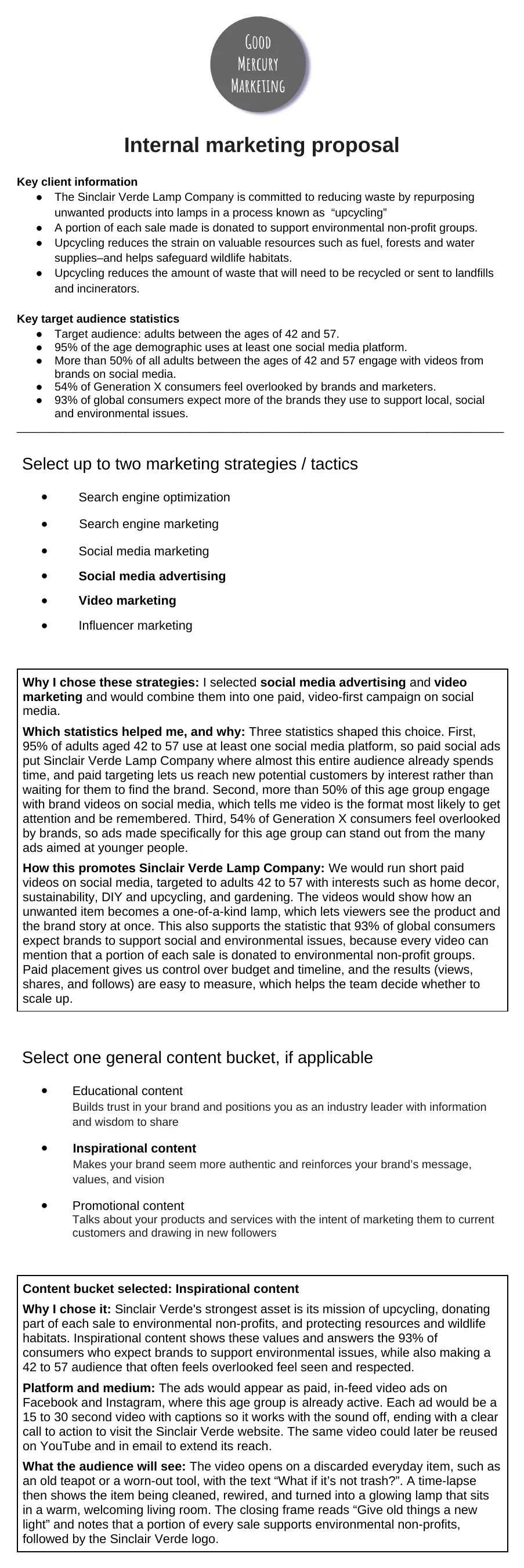 Marketing proposal for an upcycled lamp brand, as submitted