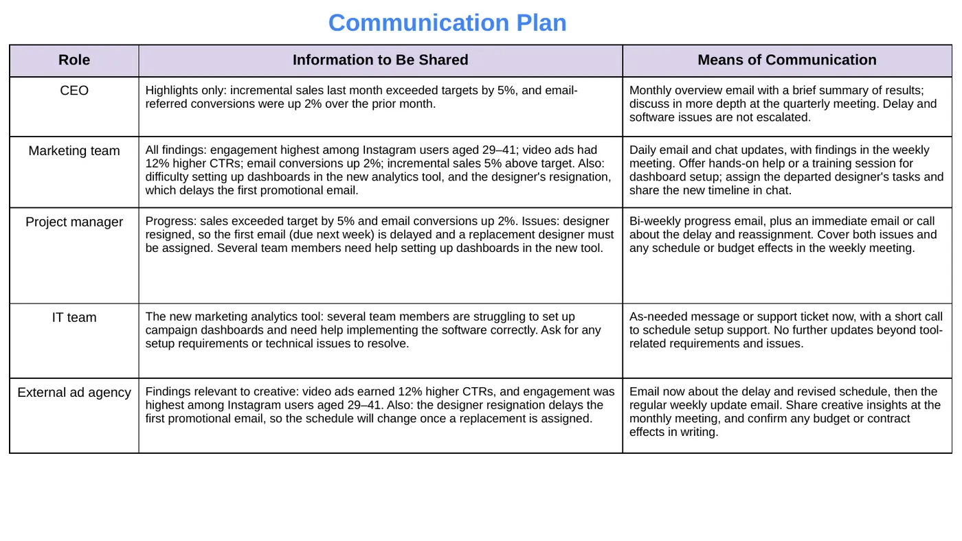 Stakeholder communication plan, Communication plan